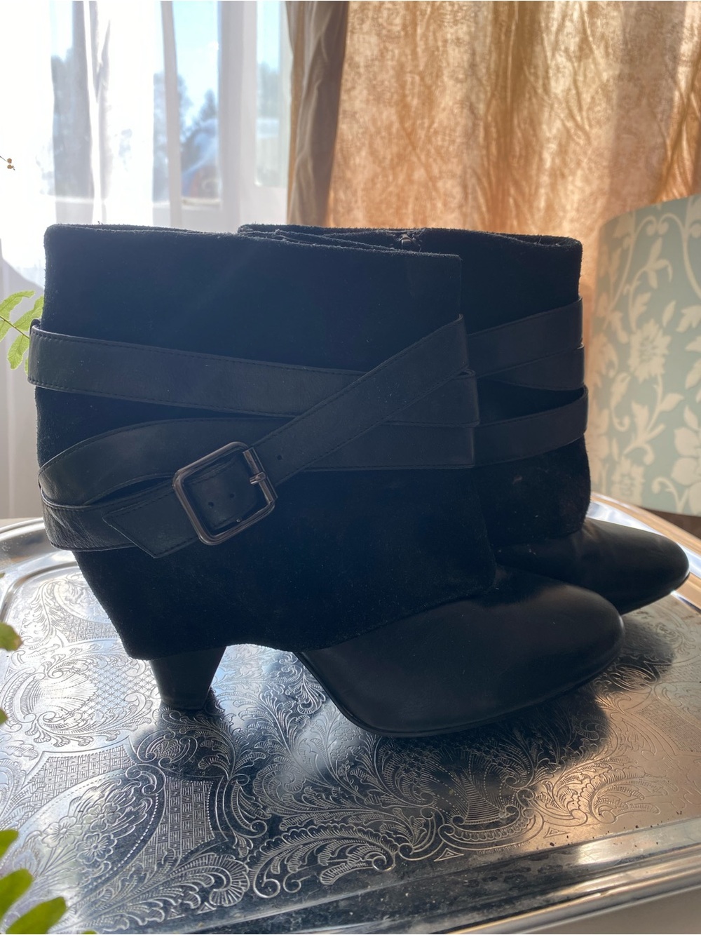 Aldo Black Suede Ankle Boots with Strap and Buckle Detail
